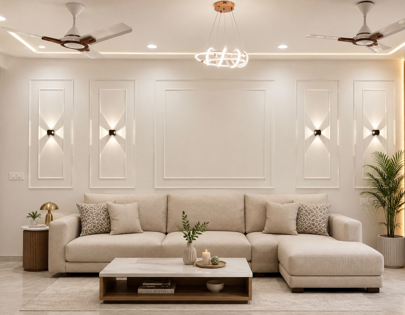 Living room of Begwani's Residence with cream sectional sofa and stepped cove ceiling