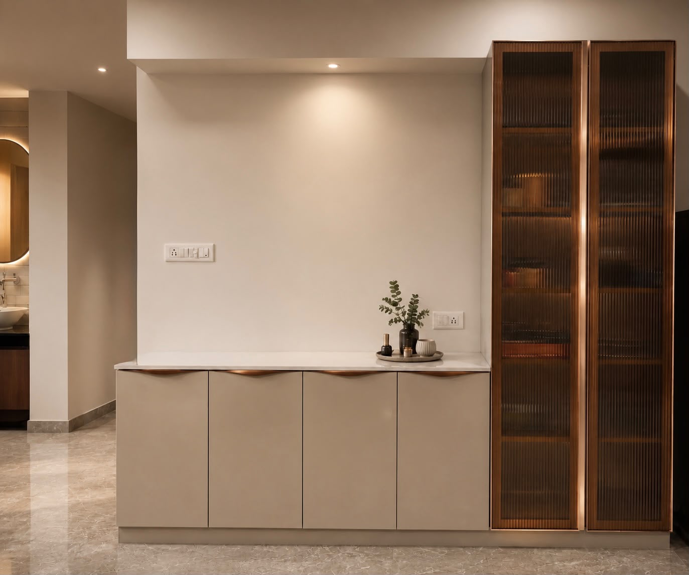 Pass-through corridor between kitchen and dark wardrobe cabinetry