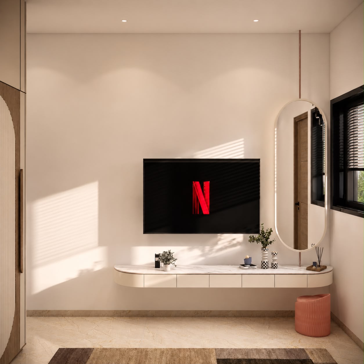Bedroom with grey headboard and twin windows