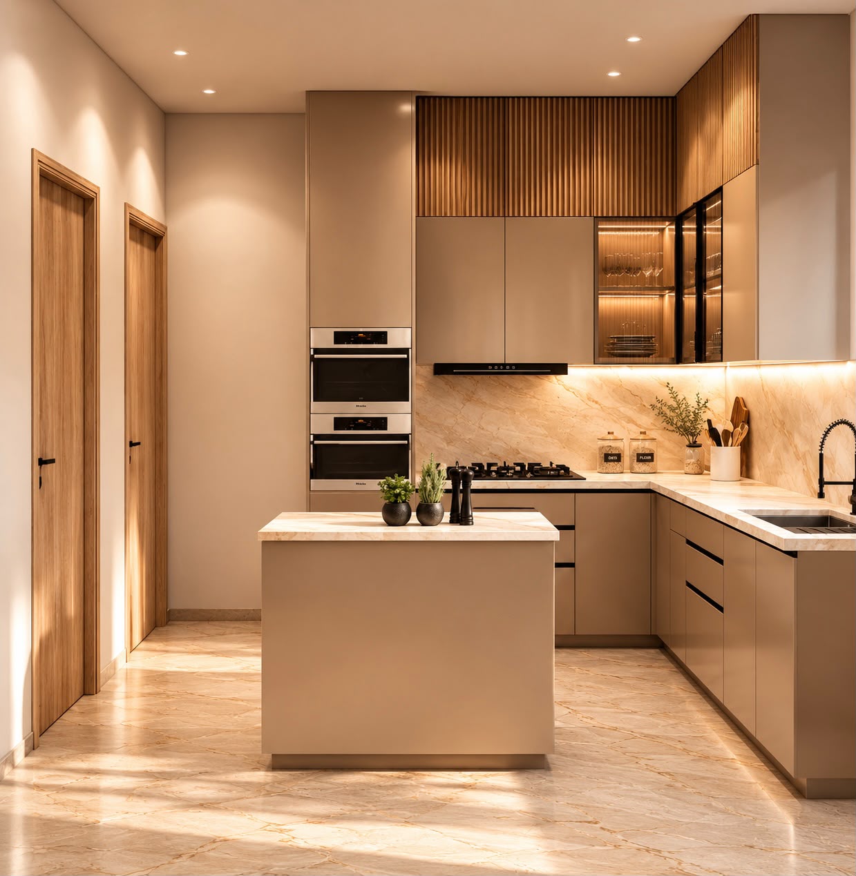 Kitchen in warm timber tones at Bhati's Villa