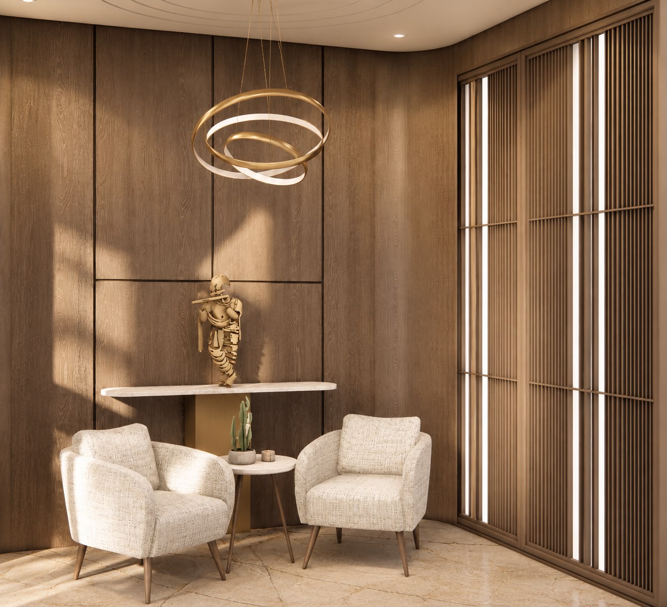 Brass jaali reading nook with lounge chairs and gold pendant light
