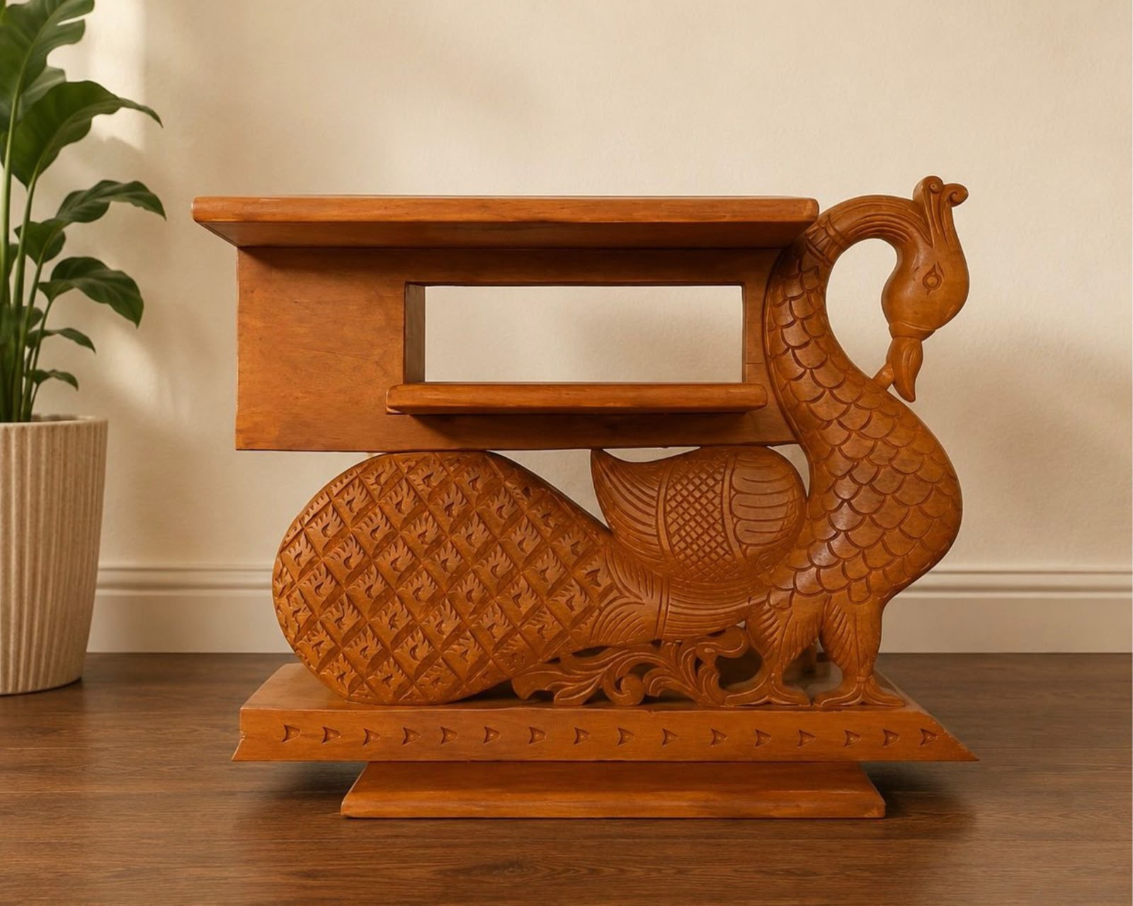 Hand-carved wooden console table with peacock-carved base